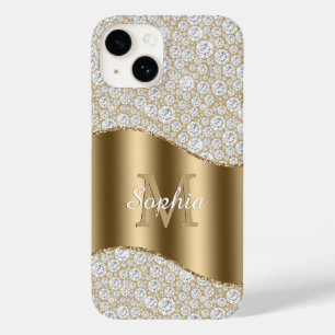 Coque Pour iPhone 14 Diamants, Grand Monogramme Doré, Nom en Écriture B