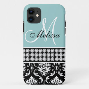 Coque iPhone 11 Diamants imprimés par damassé noire décorée d'un