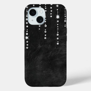 Coque Pour iPhone 15 Diamants Sur Cuir Noir