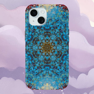 Coque Pour iPhone 15 Digital Mandala bleu rouge et jaune