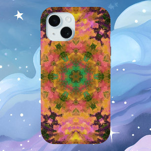 Coque Pour iPhone 15 Digital Mandala rose jaune et vert
