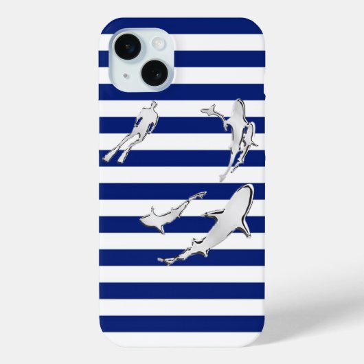 Coques Case-Mate iPhone Diver and Sharks on Nautical Stripes (Verso)