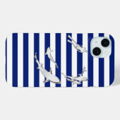 Coques Case-Mate iPhone Diver and Sharks on Nautical Stripes (Verso (horizontal))