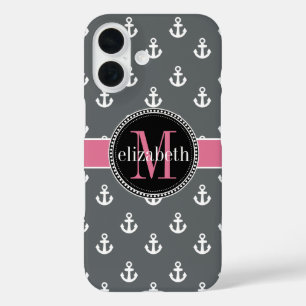 Coques iPhone 16 Dk Grey White Rose Ancres de navire Monogramme