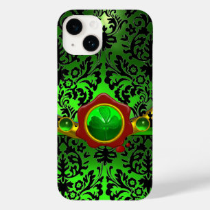 COQUE POUR iPhone 14 DOMMASQUE VERT NOIR, SHAMROCK, MONOGRAMME DE SCEAU