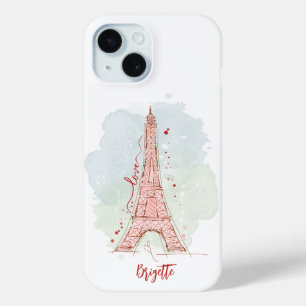 Coque Pour iPhone 15 Doodle esquisse à l'aquarelle Tour Eiffel monogram