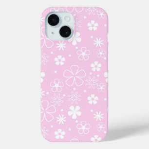 Coque Pour iPhone 15 Doodles Blancs Sur Rose