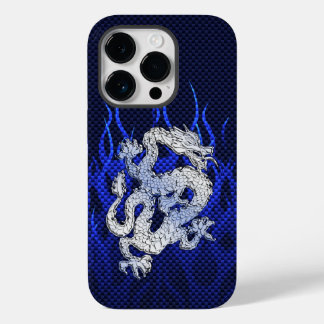Coque Pour iPhone 14 Pro Dragon Bleu dans Chrome Styles de fibre de carbone