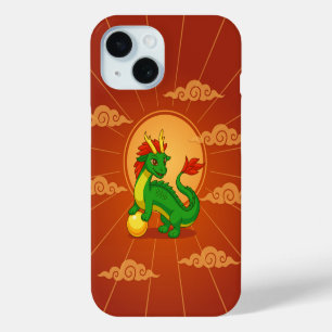 Coque Pour iPhone 15 Dragon Chinois Vert sur Fond Rouge