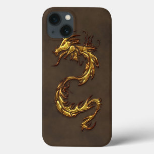 iPhone 13 Coque Dragon et Faux-Cuir tribaux asiatiques d'or