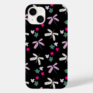 Coque Pour iPhone 14 Dragonflies et Fleurs sur le noir