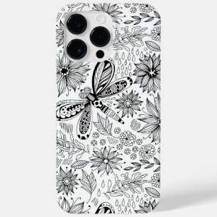 Coque Pour Pour iPhone 14 Pro Max Dragonfly et doodle de fleurs