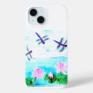 Coque Pour iPhone 15 Dragonfly, Fleurs Nénuphars Peinture en étang