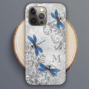 Coque Pour Pour iPhone 14 Pro Max Dragonlies vintages Grunge Damask avec Monogramme