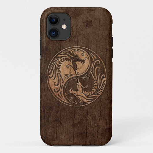 Coques Case-Mate iPhone Dragons Yin Yang avec effet de grain de bois (Dos)