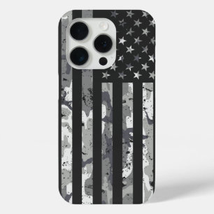 Coque iPhone 15 Pro Drapeau américain Camouflage militaire Motif blanc