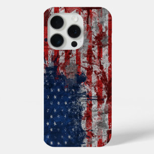 Coque iPhone 15 Pro Drapeau américain peint sur un mur de grunge