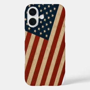 Coques iPhone 16 Drapeau américain rustique vintage avec texture de