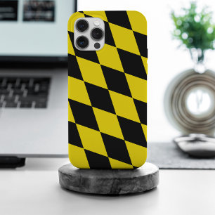 Coque iPhone 15 Pro Max Drapeau diamant de Bavière noire et jaune Motif