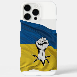 Coques iPhone 16 Pro Max Drapeau ukrainien avec un poing levé comme puissan