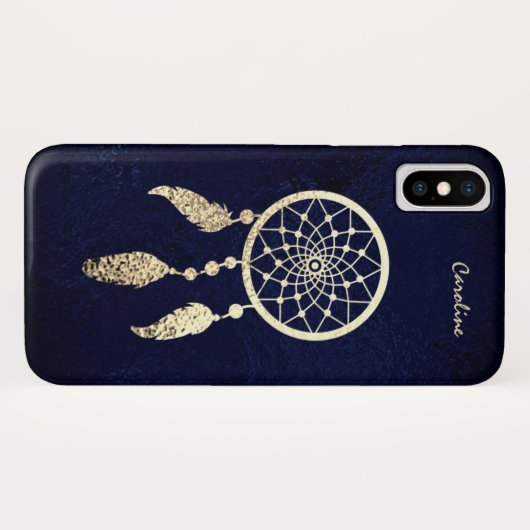 Coques Case-Mate iPhone Dreamcatcher d'or sur un monogramme bleu foncé (Dos (Horizontal))