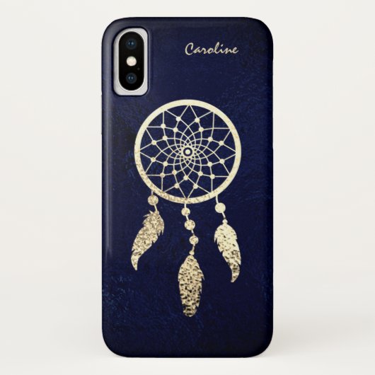 Coques Case-Mate iPhone Dreamcatcher d'or sur un monogramme bleu foncé (Dos)