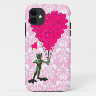 Coque Case-Mate Pour iPhone Drôle dessin de grenouille & coeur rose sur damask