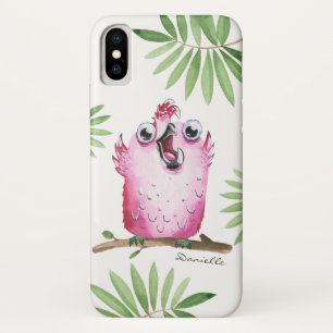 Coque iPhone X Drôle oiseau rose avec votre nom