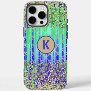 Coques iPhone 16 Pro Max Écailles de sirène en monogramme vert bleu or pail