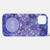 Coques Case-Mate iPhone Écailles de sirène pailletées bleu argent Monogram (Verso (horizontal))