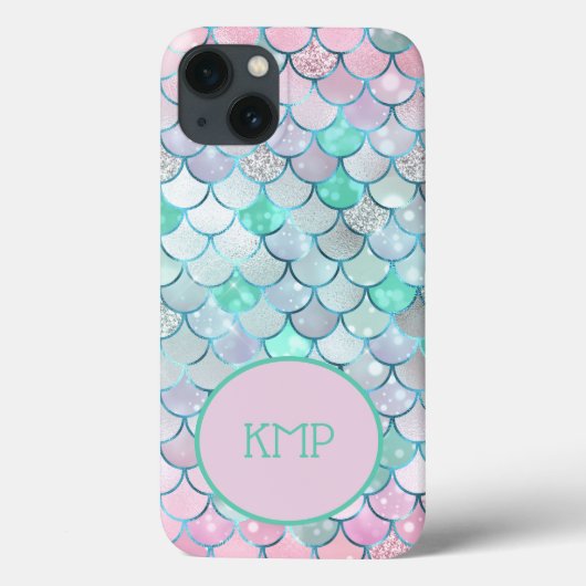 Coques Case-Mate iPhone Écailles de sirène pailletées rose vert Monogramme (Verso)