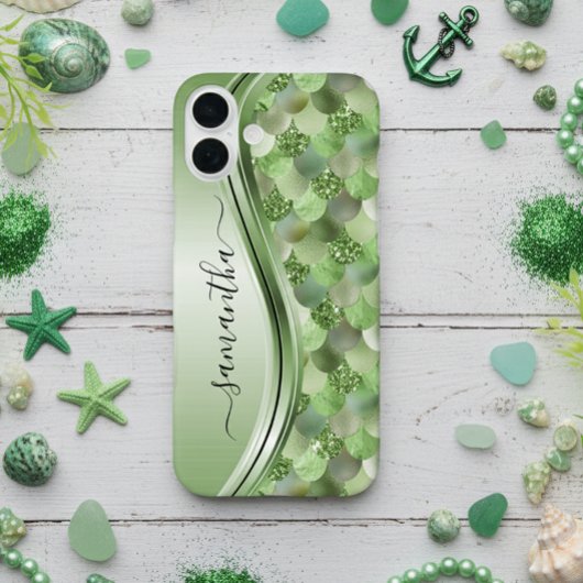 Coques Case-Mate iPhone Écailles de sirène Vert Nom manuscrit Métal