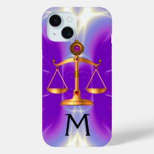 COQUE POUR iPhone 15 ÉCHELLES D'OR DE LA LOI AVEC PIERRES GEM MONOGRAM 
