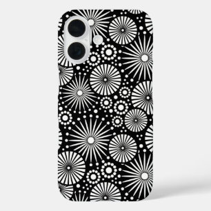 Coques iPhone 16 Éclatantes fleurs géométriques noir et blanc