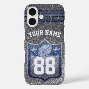 Coques iPhone 16 École de Parties scintillant Blue & Silver Footbal