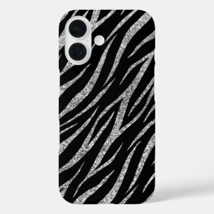 Coques iPhone 16 Écran noir & argent de luxe féminin Zebra