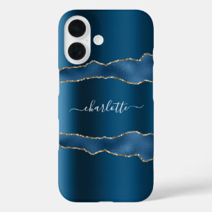 Coques iPhone 16 Écriture de nom de marbre d'agate d'or bleu