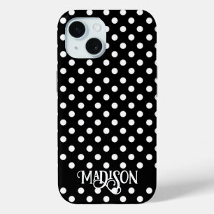 Coque Pour iPhone 15 Écriture élégante pois noir blanc rétro