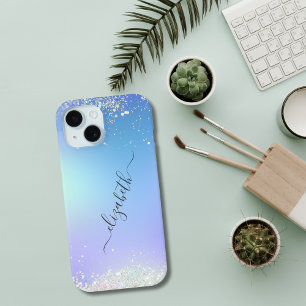 Coque Pour iPhone 15 Écriture Monogramme Paillettes Bleu Violet Tendanc