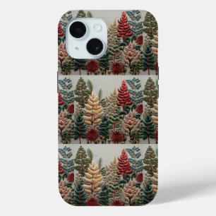 Coque Pour iPhone 15 Effet de broderie Faux Forêt Noël No1