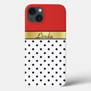 iPhone 13 Coque Élégance En Rouge Et Blanc, Points Noirs, Ruban Or