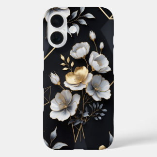 Coques iPhone 16 Élégance florale - Noir mat avec or et argent