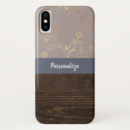 Coques Case-Mate iPhone Élégance rustique Bois foncé et or Fleur et nom (Dos)