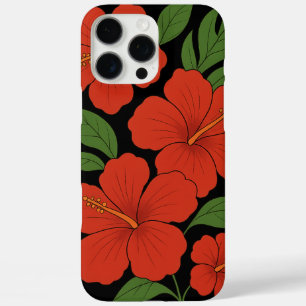 Coques iPhone 16 Pro Max Élégance Tropicale Hibiscus Rouge sur Fond Noir