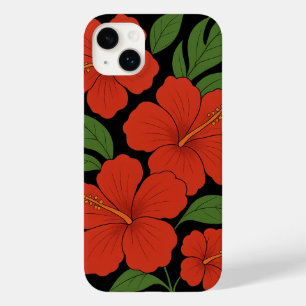 Coque Pour iPhone 14 Plus Élégance Tropicale Hibiscus Rouge sur Fond Noir