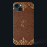 Etui iPhone 13 Élégant Accents Brown en cuir Vintage<br><div class="desc">Elégante teinte brune vintage teinte faux cuir look avec des tons dorés de dentelle florale accents. Le monogramme personnalisable est facultatif.</div>