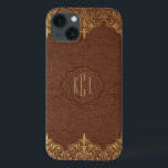 Etui iPhone 13 Élégant Accents Brown en cuir Vintage<br><div class="desc">Elégante teinte brune vintage teinte faux cuir look avec des tons dorés de dentelle florale accents. Le monogramme personnalisable est facultatif.</div>