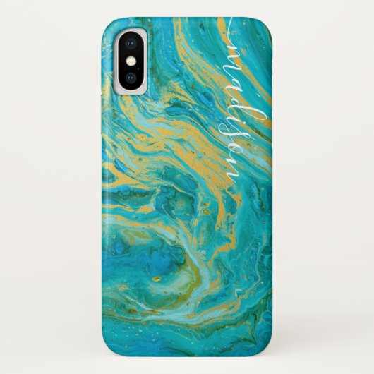 Coques Case-Mate iPhone Élégant Agate Vert Bleu & Or Marbre Votre Nom (Dos)