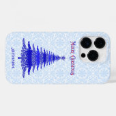 Coques Case-Mate iPhone Elégant arbre de Noël bleu Personnalisé (Verso (horizontal))