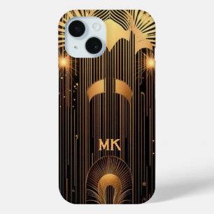 Coque Pour iPhone 15 Élégant Art Déco Or Pluie Noir Monogramme ou Nom